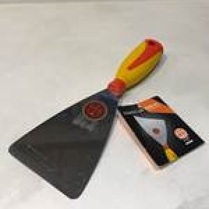 Шпатель из нержавеющей стали с загругленными углами и прорезиненной ручкой . 100мм